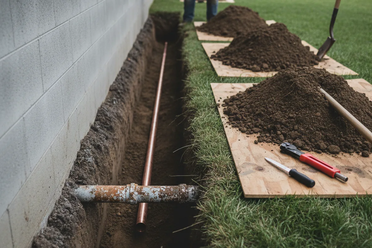 Excavated water line trench during Sewer Line Repair in Sellersburg